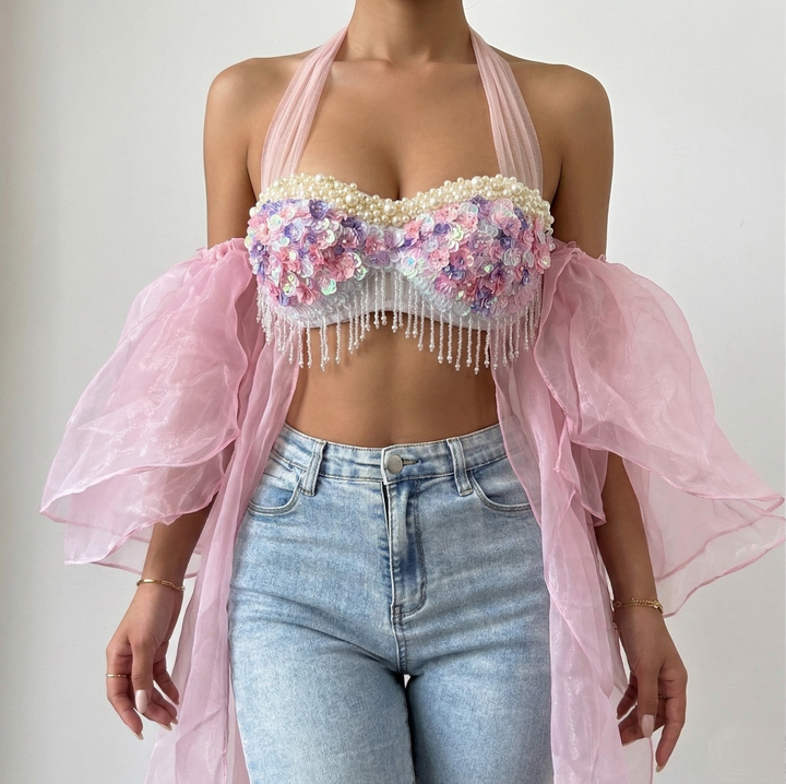 Beaded tassels halter contrast top