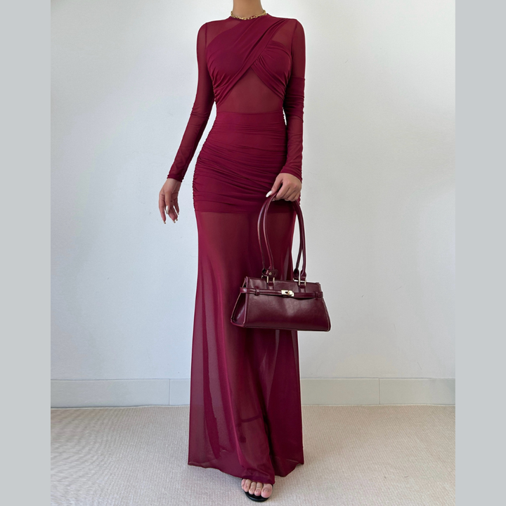 Crewneck long sleeve mesh ruched maxi dress