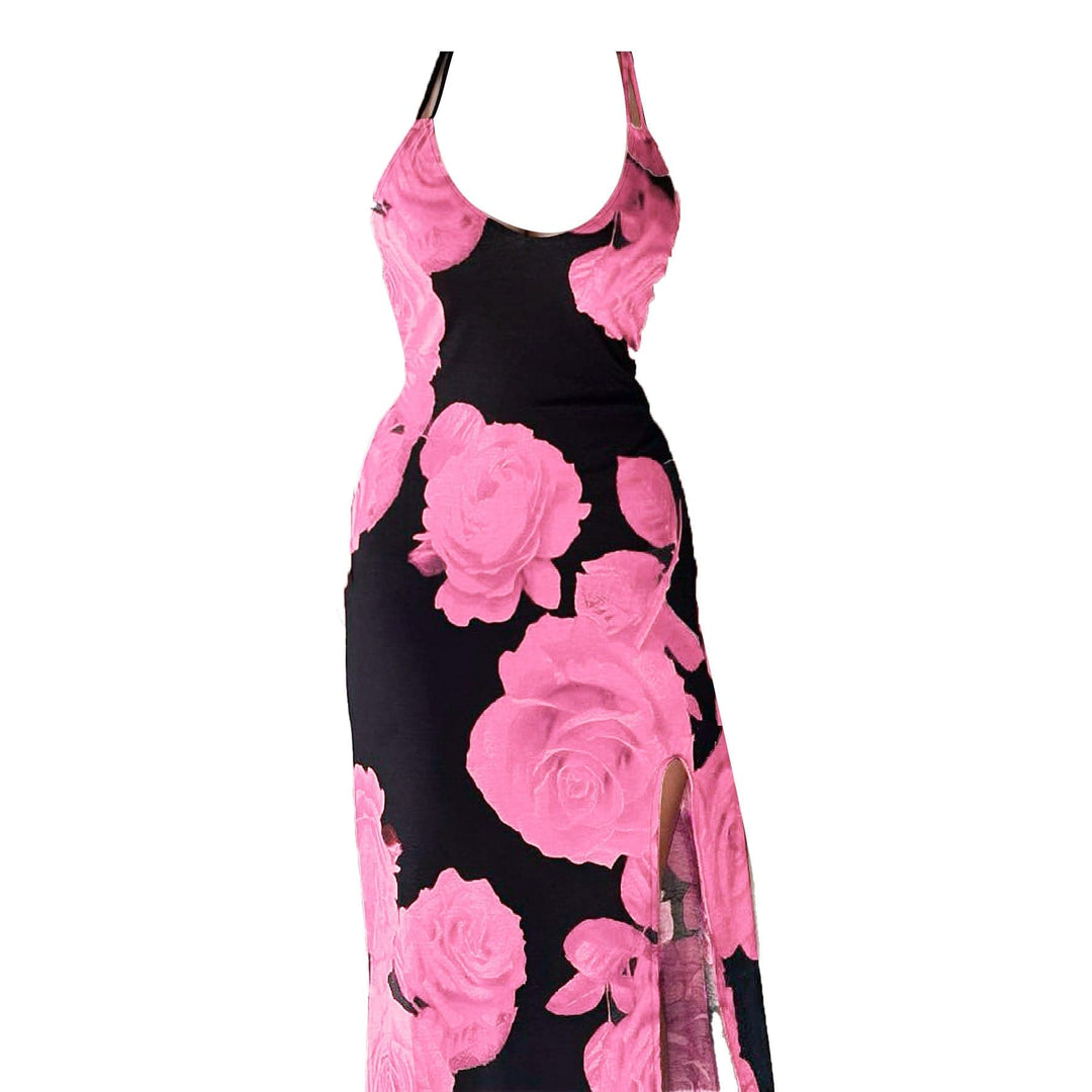 Rose print u neck slit cross back cami maxi dress  | Festival Outfits Women