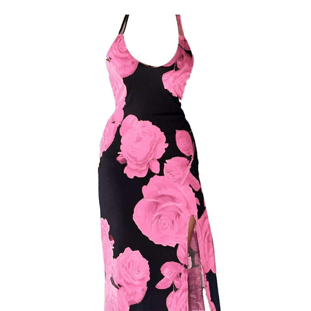 Rose print u neck slit cross back cami maxi dress-final-sale  | Festival Outfits Women