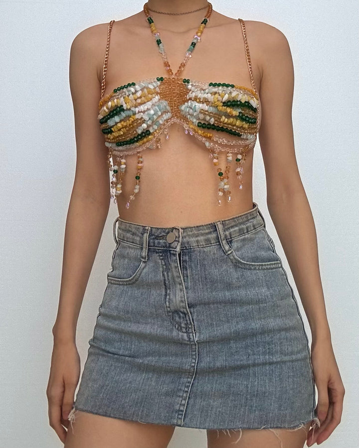 Halter beaded hollow out backless tassels cut out top  | Festival Outfits Women