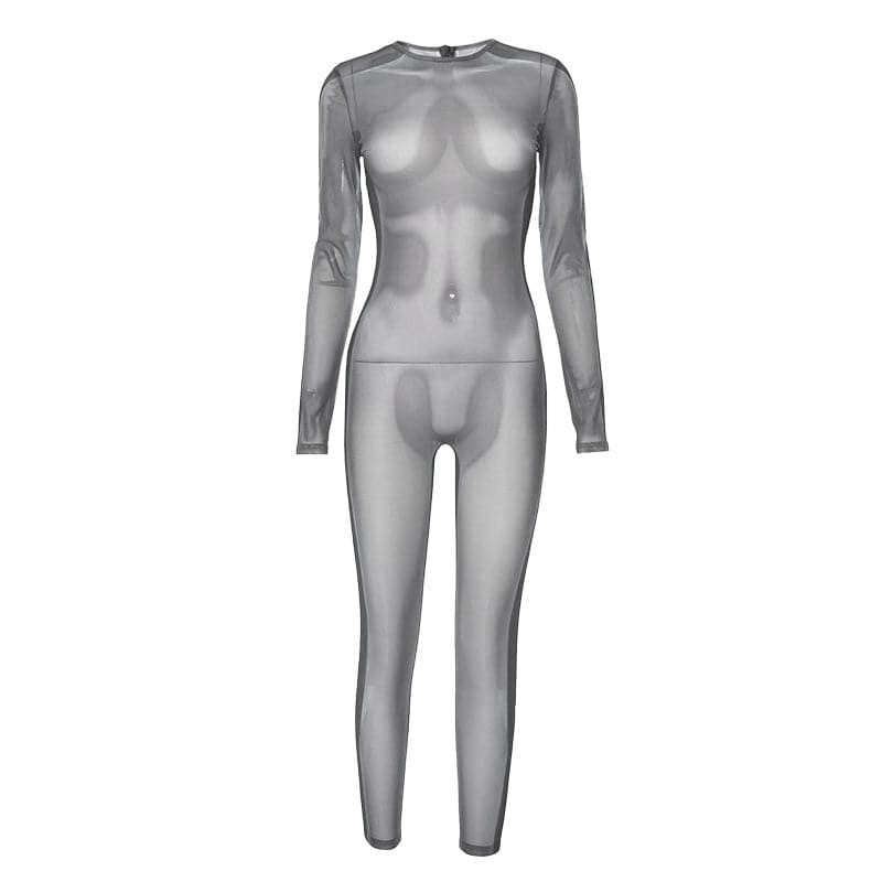 Long sleeve crewneck body print zip-up sheer mesh jumpsuit  | Festival Outfits Women