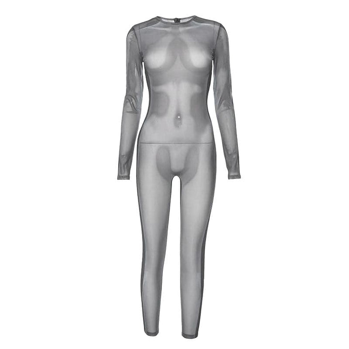 Long sleeve crewneck body print zip-up sheer mesh jumpsuit  | Festival Outfits Women