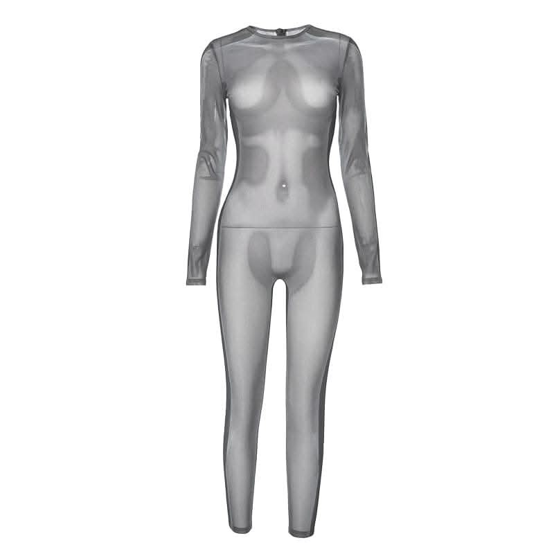 Long sleeve crewneck body print zip-up sheer mesh jumpsuit-final-sale  | Festival Outfits Women