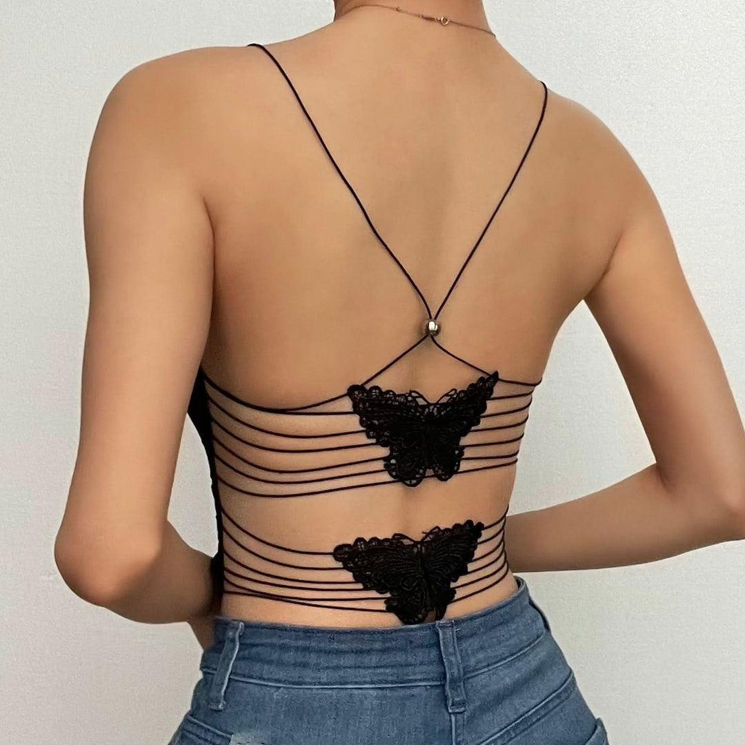 Butterfly applique backless v neck contrast print crop top-final-sale