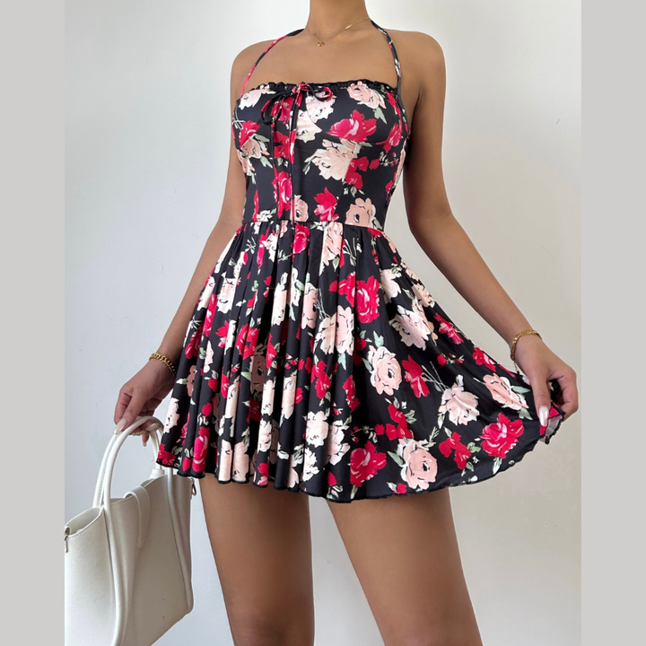 Self tie halter flower print ruched mini dress  | Festival Outfits Women