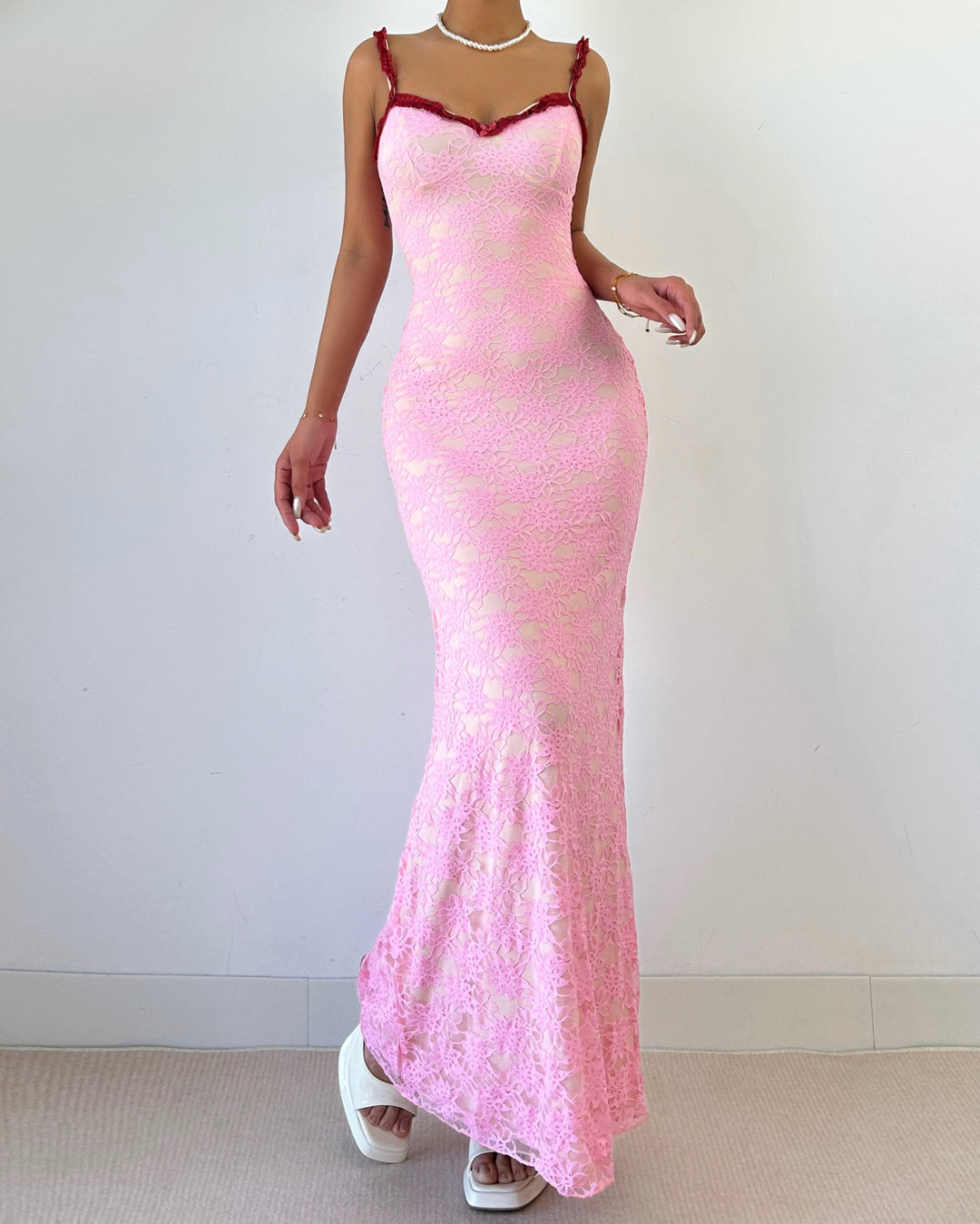 Bowknot lace ruffle v neck cami maxi dress  | Festival Outfits Women
