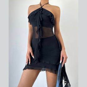 Halter sheer mesh ruffle backless mini dress  | Festival Outfits Women