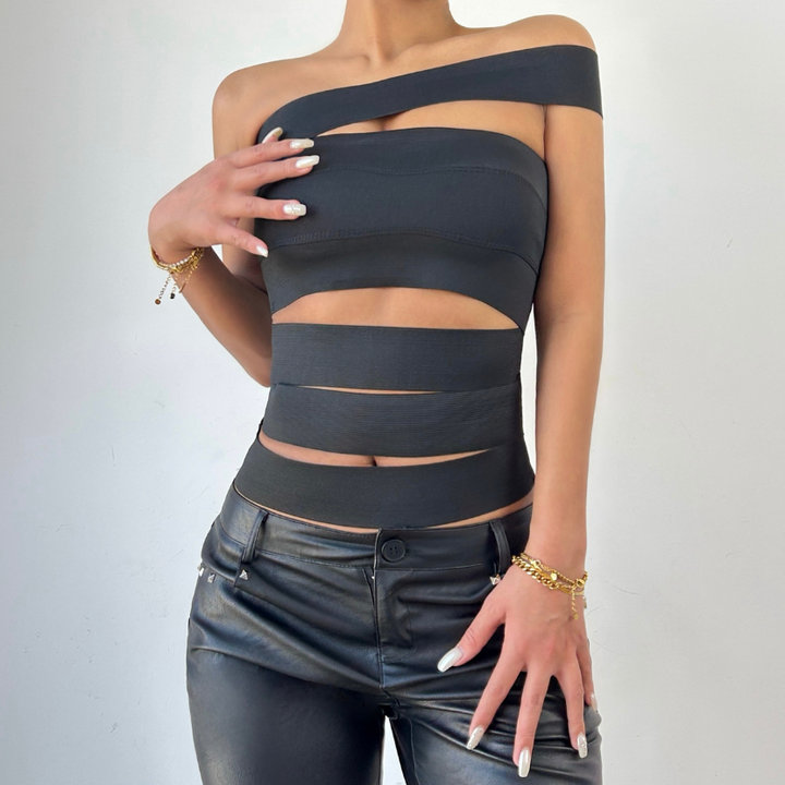 One shoulder hollow out solid cut out top  | Festival Outfits Women