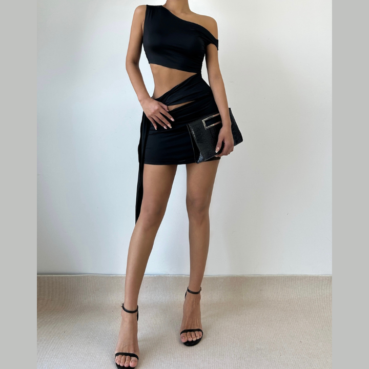 One shoulder hollow out knotted solid cut out mini dress  | Festival Outfits Women