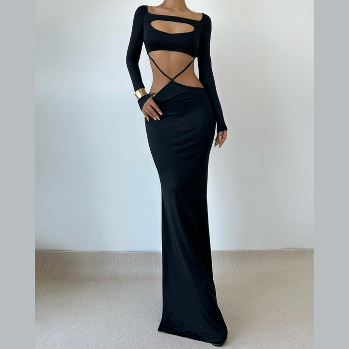 Long sleeve hollow out solid cut out maxi dress  | Festival Outfits Women-final-sale