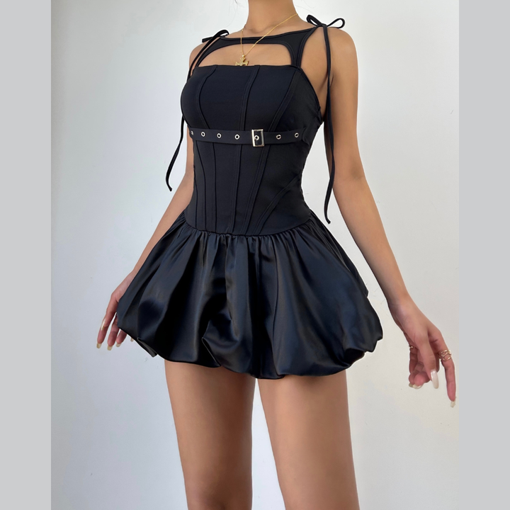 Hollow out self tie ruched buckle mini dress