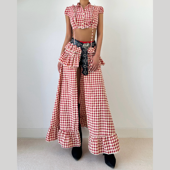 Plaid ruffle high slit button maxi skirt  | Festival Outfits Women