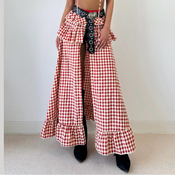 Plaid ruffle high slit button maxi skirt  | Festival Outfits Women