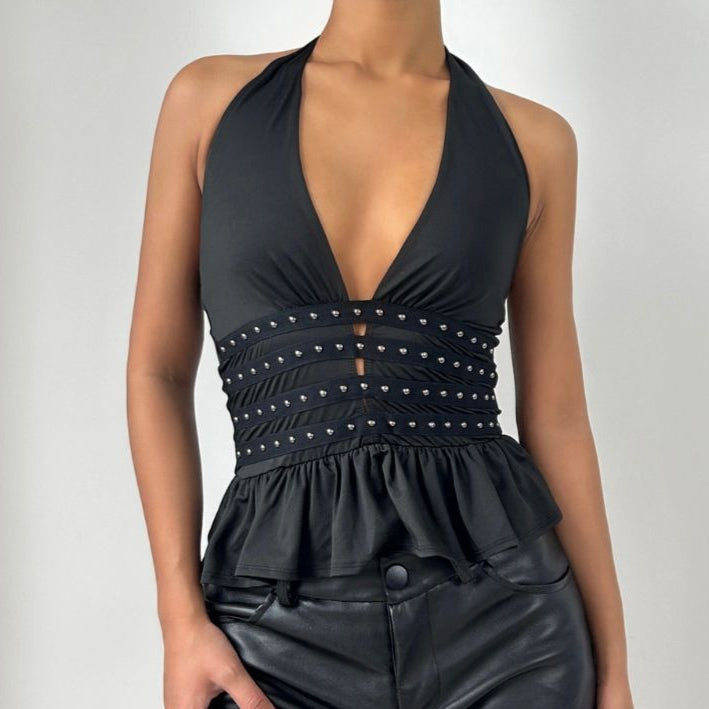 Halter deep rivet v neck ruched ruffle top  | Festival Outfits Women