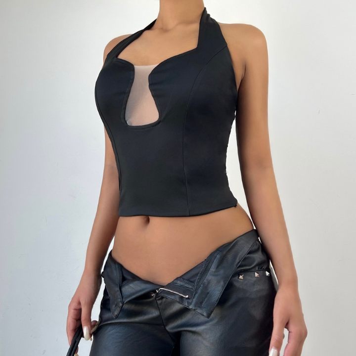 Notch neck halter backless solid crop top