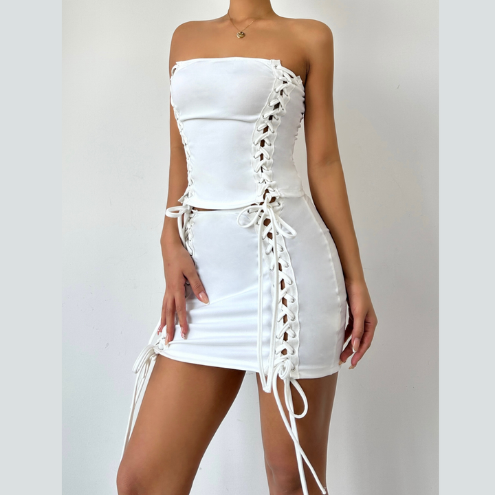 Self tie hollow out backless tube mini skirt set  | Festival Outfits Women