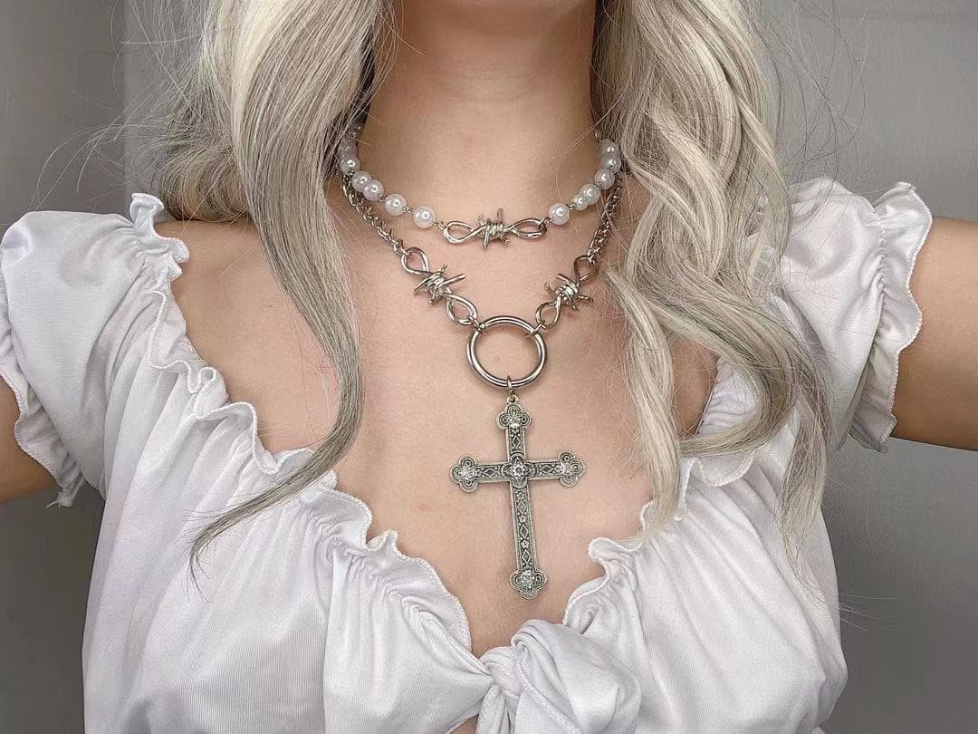 Faux pearl 2 pcs cross pendant choker necklace  | Festival Outfits Women
