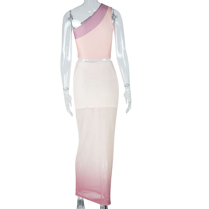 Irregular one shoulder mesh gradient maxi skirt set  | Festival Outfits Women