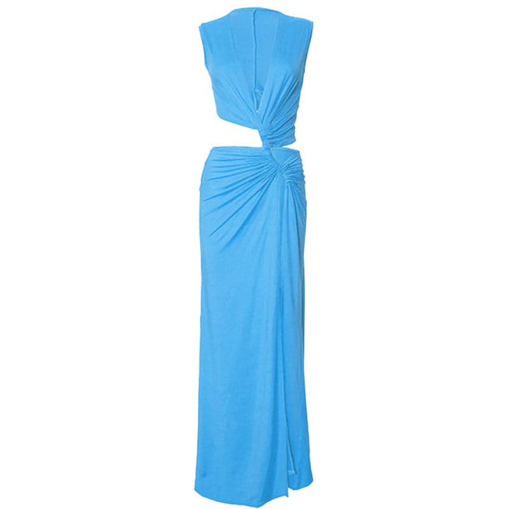 V neck sleeveless high slit ruched maxi dress  | Festival Outfits Women