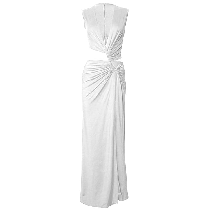 V neck sleeveless high slit ruched maxi dress  | Festival Outfits Women