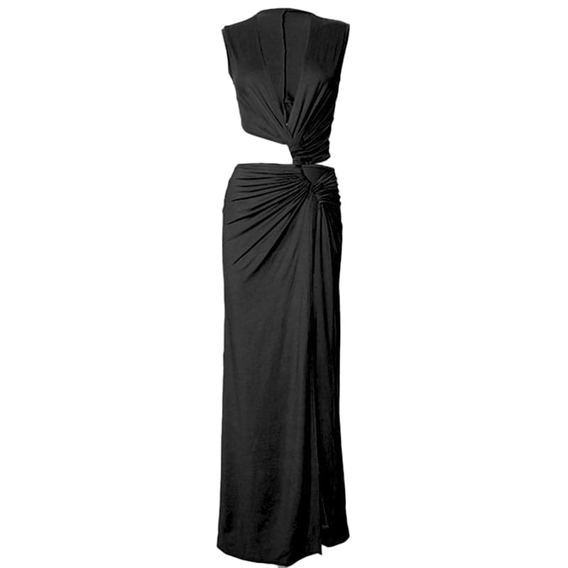 V neck sleeveless high slit ruched maxi dress  | Festival Outfits Women