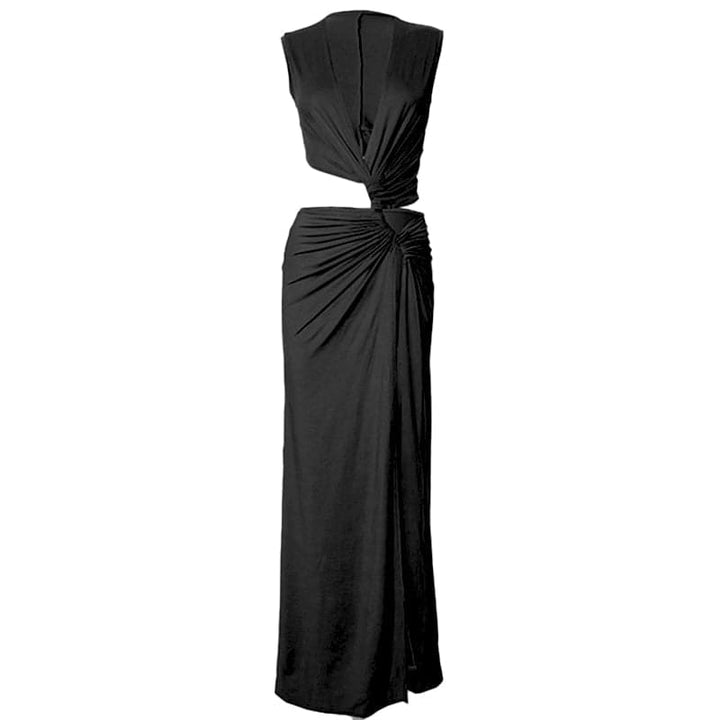 V neck sleeveless high slit ruched maxi dress  | Festival Outfits Women