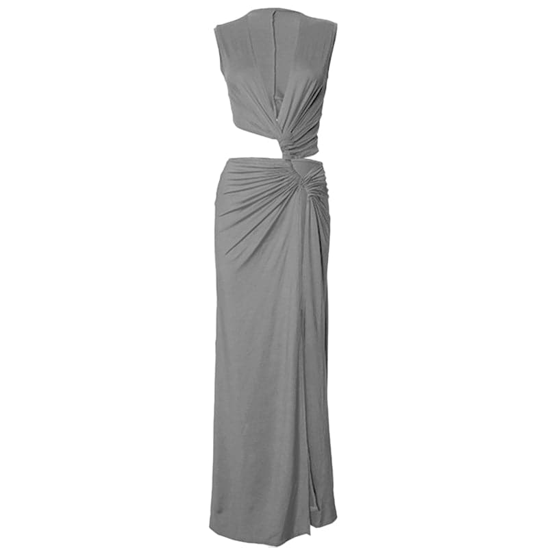 V neck sleeveless high slit ruched maxi dress  | Festival Outfits Women