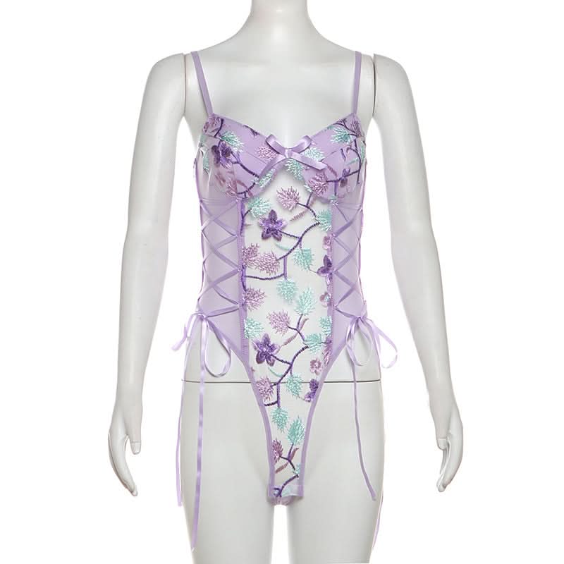Flower embroidery bowknot mesh lace up cami bodysuit  | Festival Outfits Women
