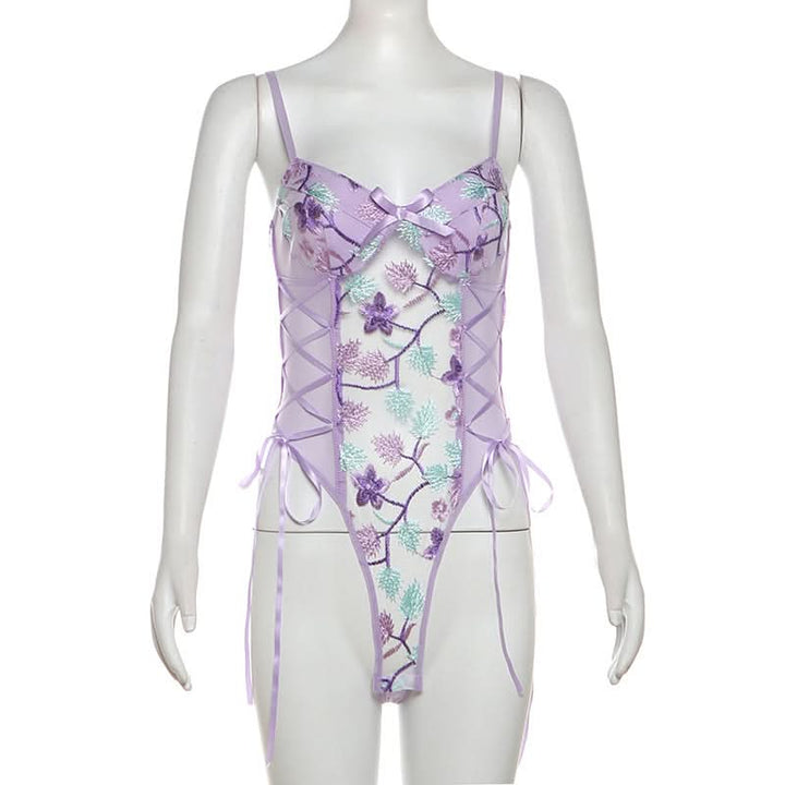 Flower embroidery bowknot mesh lace up cami bodysuit  | Festival Outfits Women