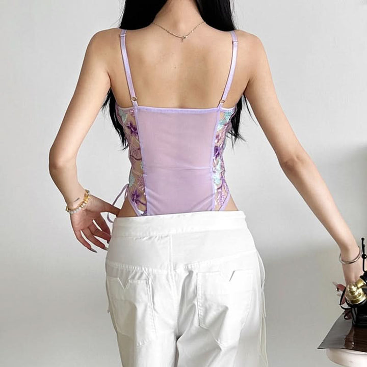 Flower embroidery bowknot mesh lace up cami bodysuit  | Festival Outfits Women