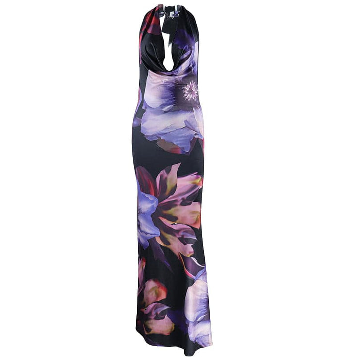 Halter cowl neck backless flower print maxi dress  | Festival Outfits Women