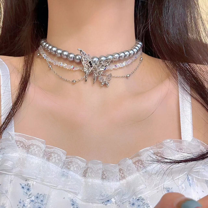 Butterfly decor layered faux pearl choker necklace  | Festival Outfits Women