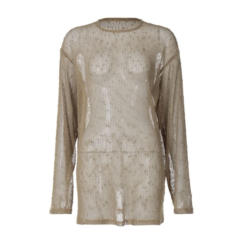 Long sleeve crewneck hollow out see through cut out top  | Festival Outfits Women