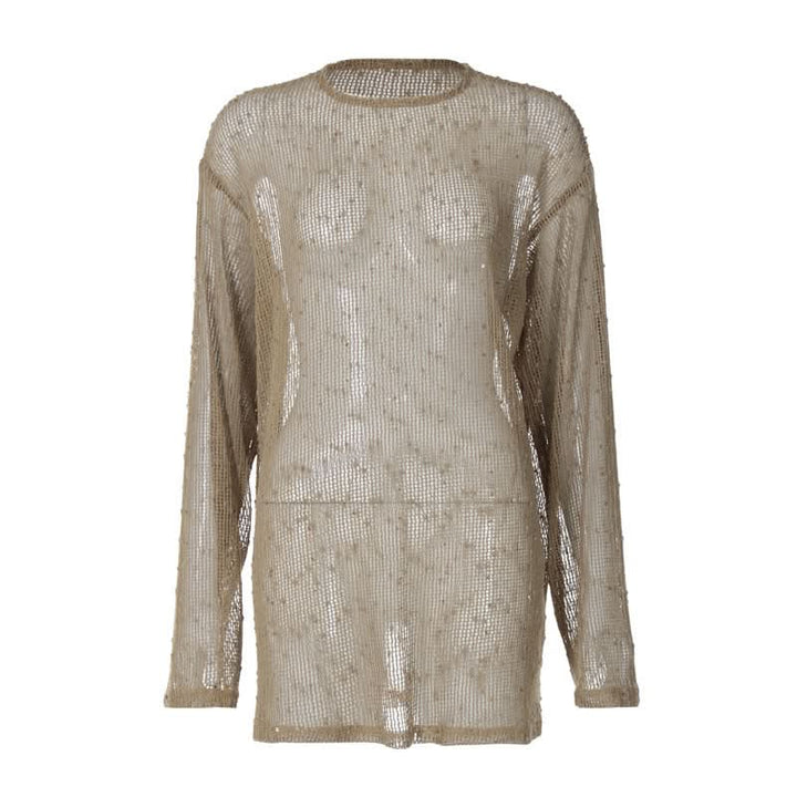 Long sleeve crewneck hollow out see through cut out top  | Festival Outfits Women