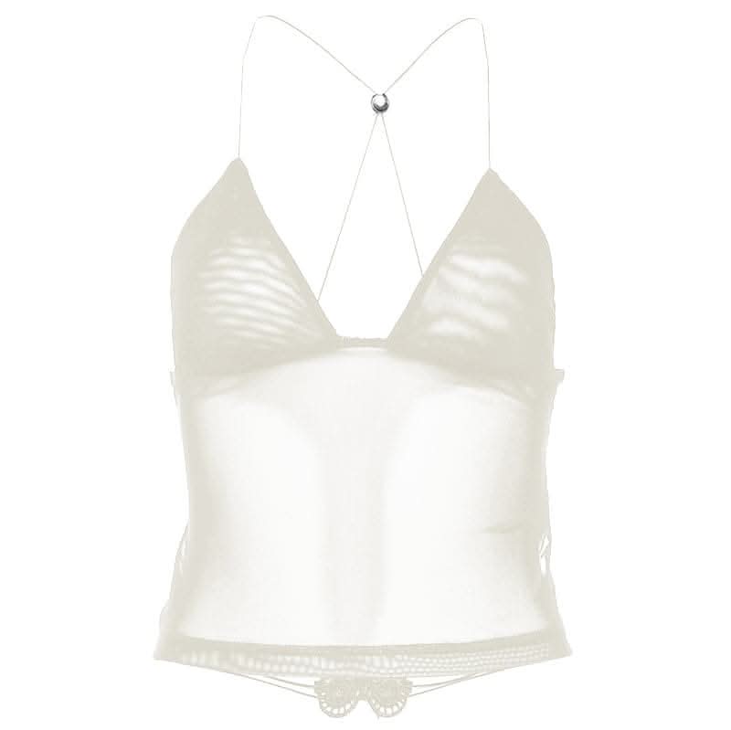 Butterfly applique backless v neck contrast print crop top-final-sale