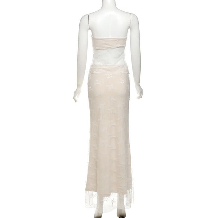 Sweetheart neck lace self tie crop maxi skirt set  | Festival Outfits Women