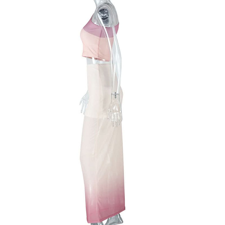 Irregular one shoulder mesh gradient maxi skirt set  | Festival Outfits Women