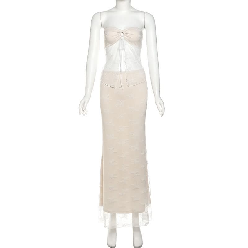 Sweetheart neck lace self tie crop maxi skirt set  | Festival Outfits Women