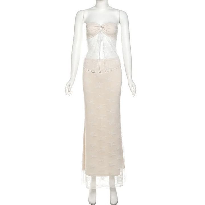 Sweetheart neck lace self tie crop maxi skirt set  | Festival Outfits Women