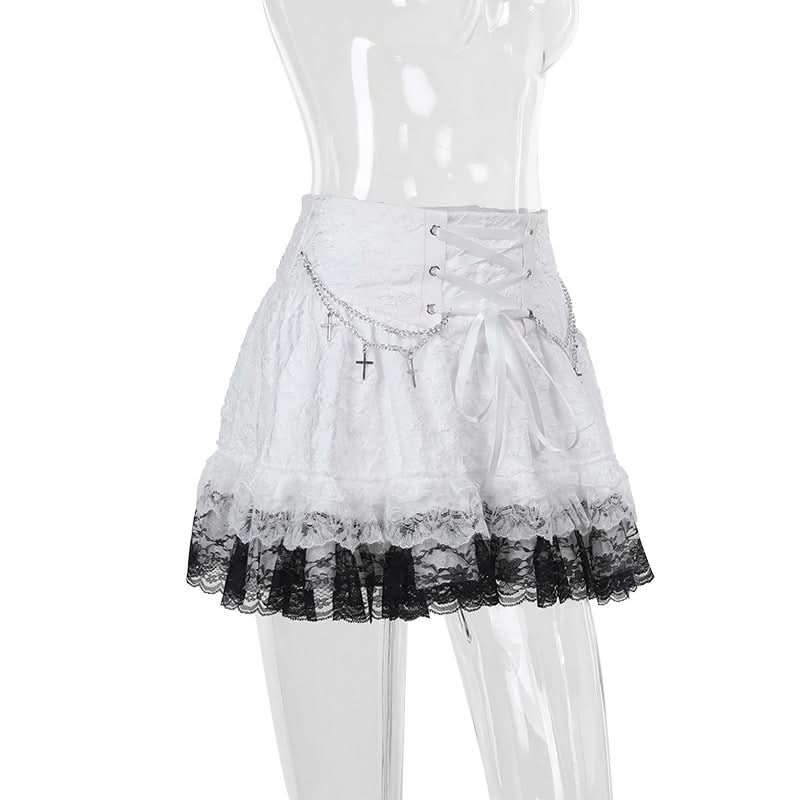 Lace up metal chain lace hem mini skirt  | Festival Outfits Women