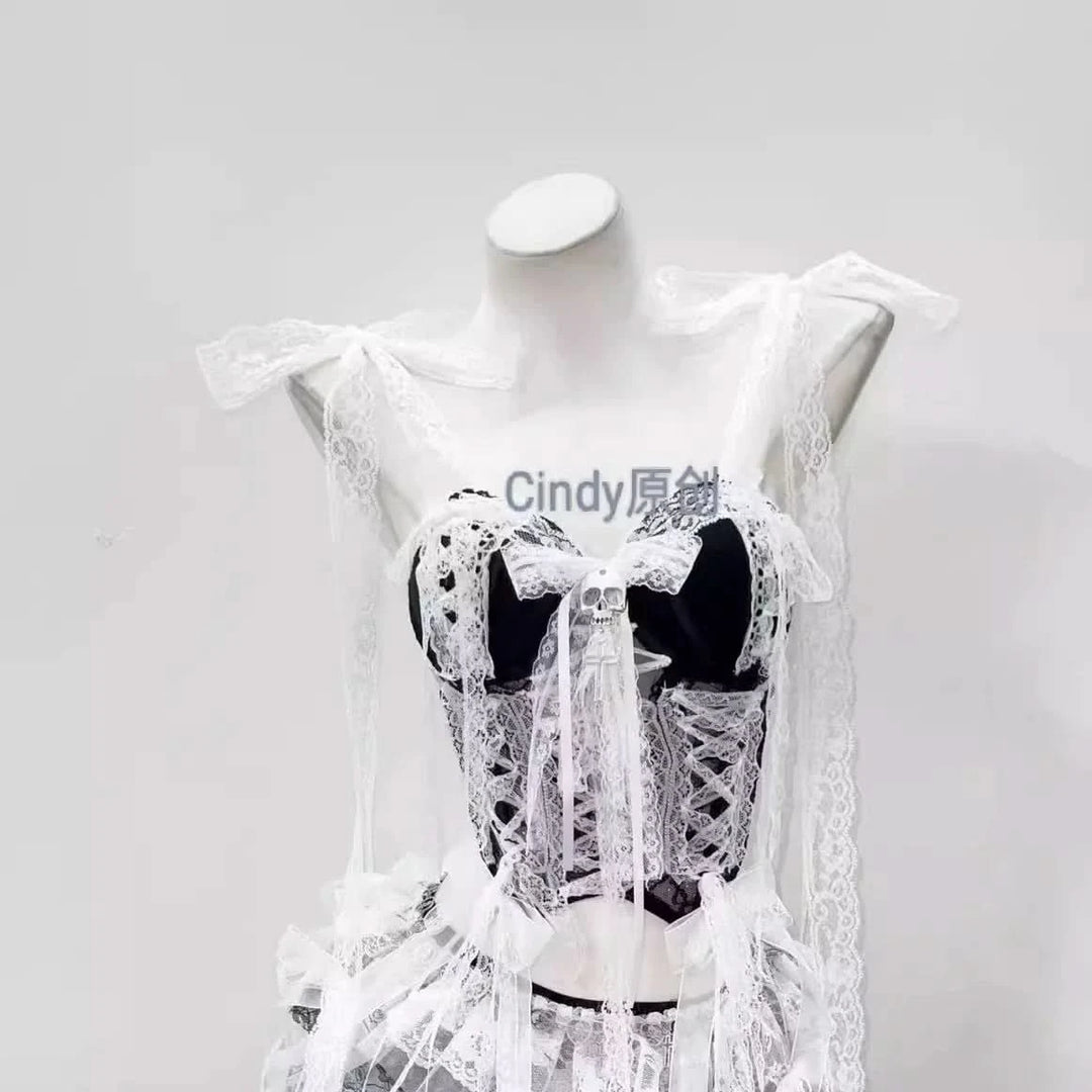 Lace hem v neck bowknot self tie skull applique top  | Festival Outfits Women