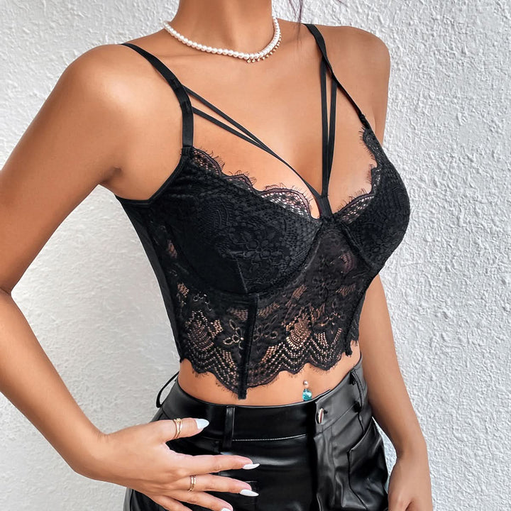 Hollow out lace hem v neck solid cami cut out top  | Festival Outfits Women