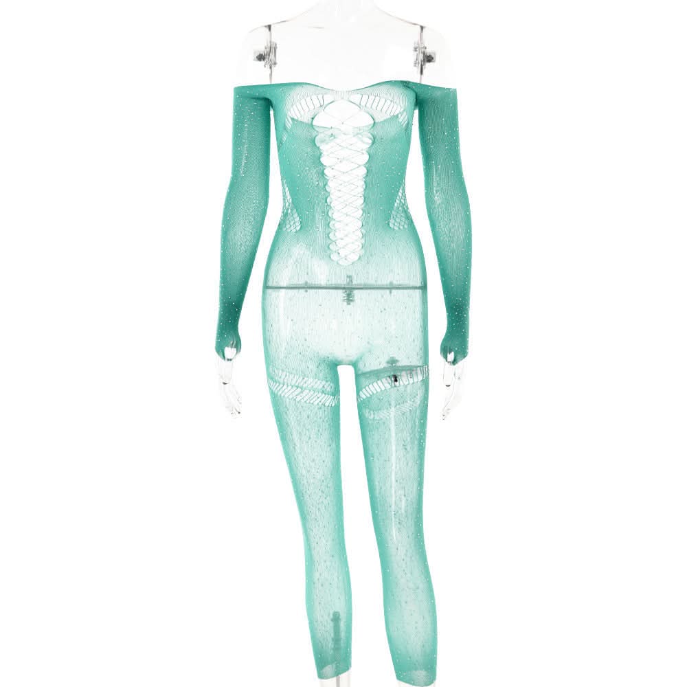 Off shoulder long sleeve beaded hollow out jumpsuit  | Festival Outfits Women