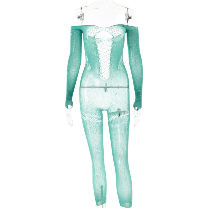 Off shoulder long sleeve beaded hollow out jumpsuit  | Festival Outfits Women