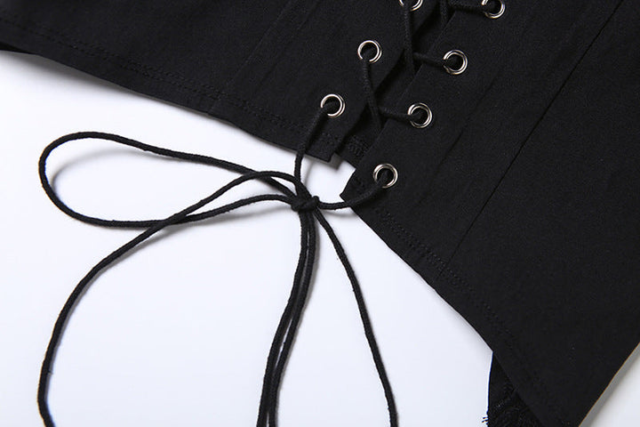 Halter hollow out lace up solid button top