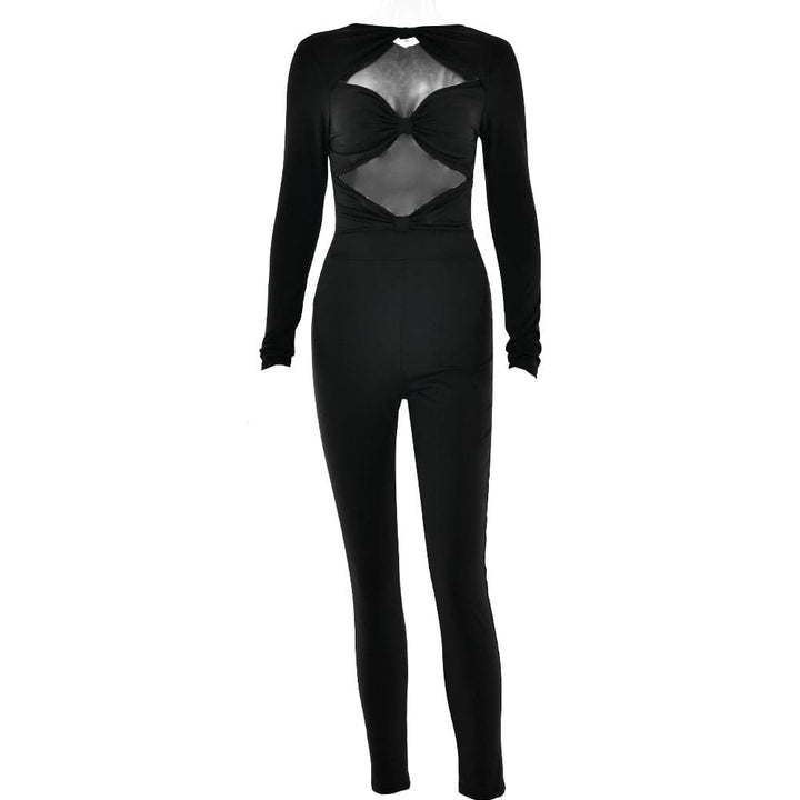 Long sleeve hollow out ruched solid jumpsuit  | Festival Outfits Women