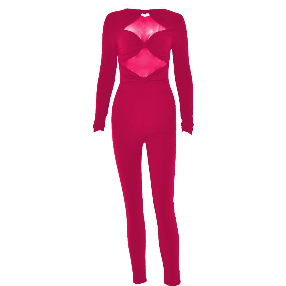 Long sleeve hollow out ruched solid jumpsuit  | Festival Outfits Women