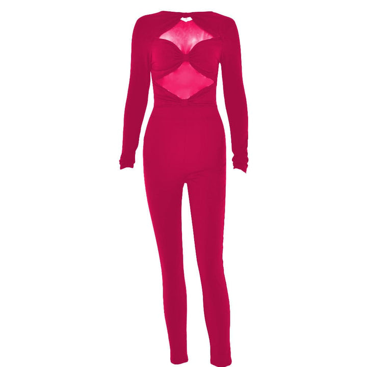 Long sleeve hollow out ruched solid jumpsuit  | Festival Outfits Women