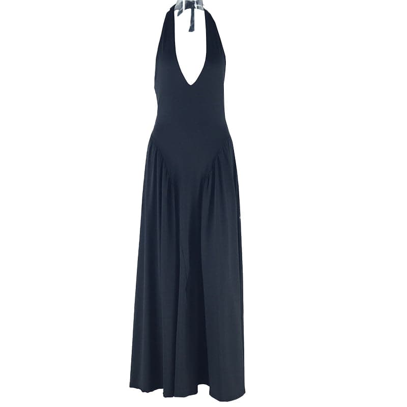 Halter v neck backless solid maxi dress  | Festival Outfits Women